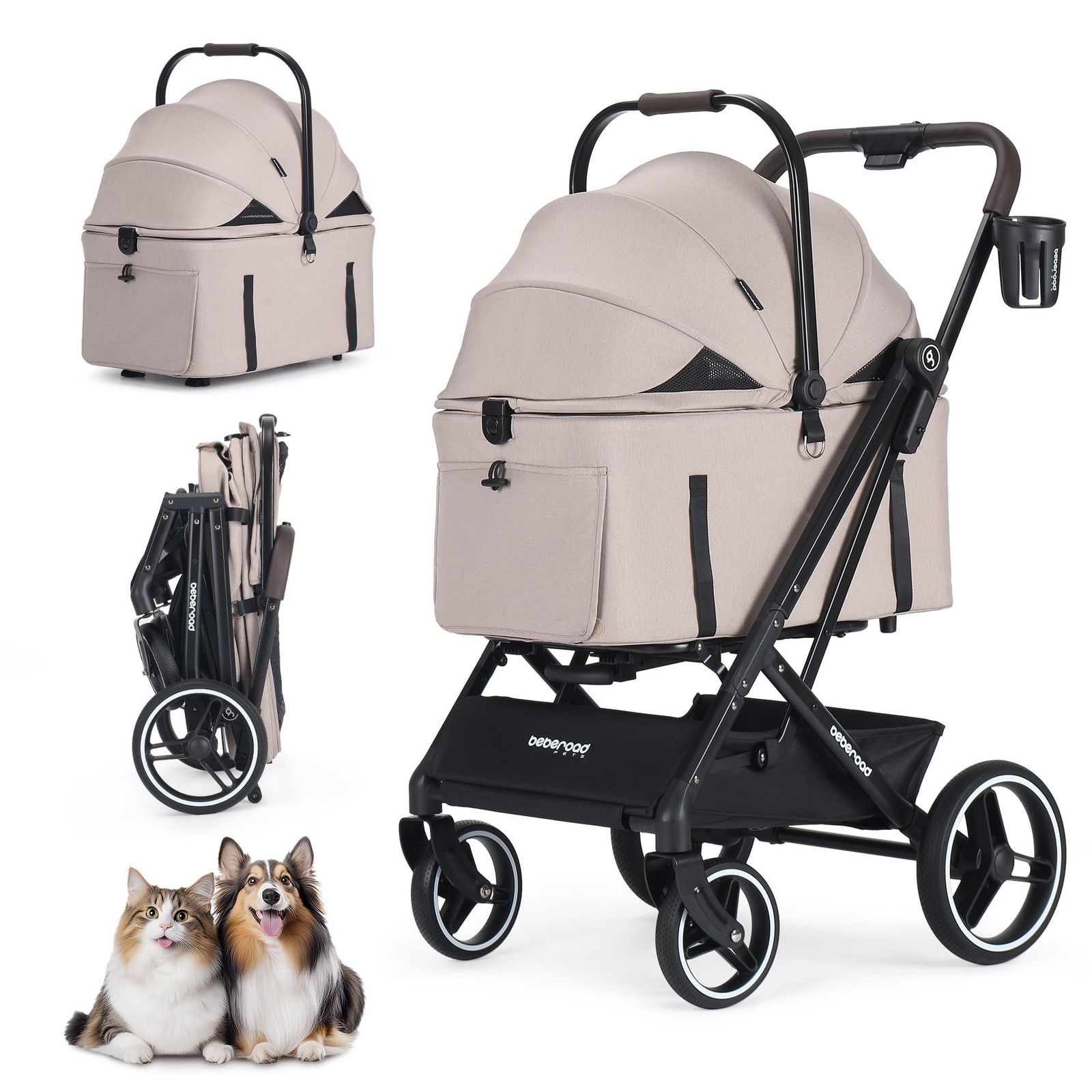 BEBEROAD X-3 2 in 1 ペット用ベビーカー 中型犬または小型犬2匹＆猫用 4輪 軽量 折りたたみ式 キャリア 犬用ベビーカー 防水 耐候性カバー カップホルダー 収納バスケット付き (キャメル) 28,859円