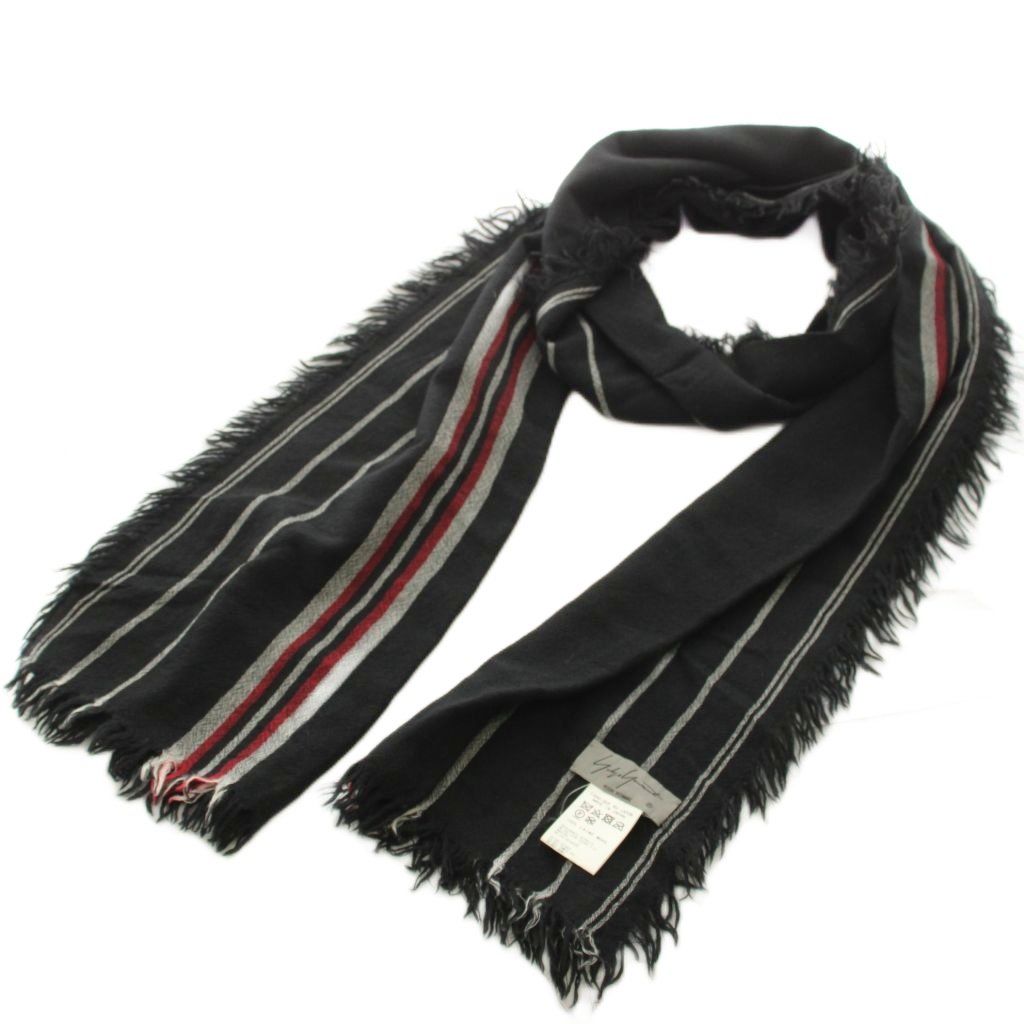 ヨウジヤマモトプールオム YOHJI YAMAMOTO POUR HOMME ストール マフラー 大判 フリンジ ストライプ柄 ウール 黒 ブラック グレー 赤 レッド HD-L06-138 /KU