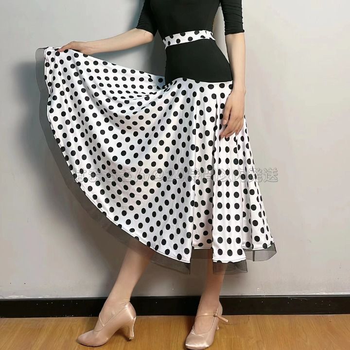 社交ダンス 水玉スカート 白黒 L ミモレ丈 ホースヘア フレア ラテン