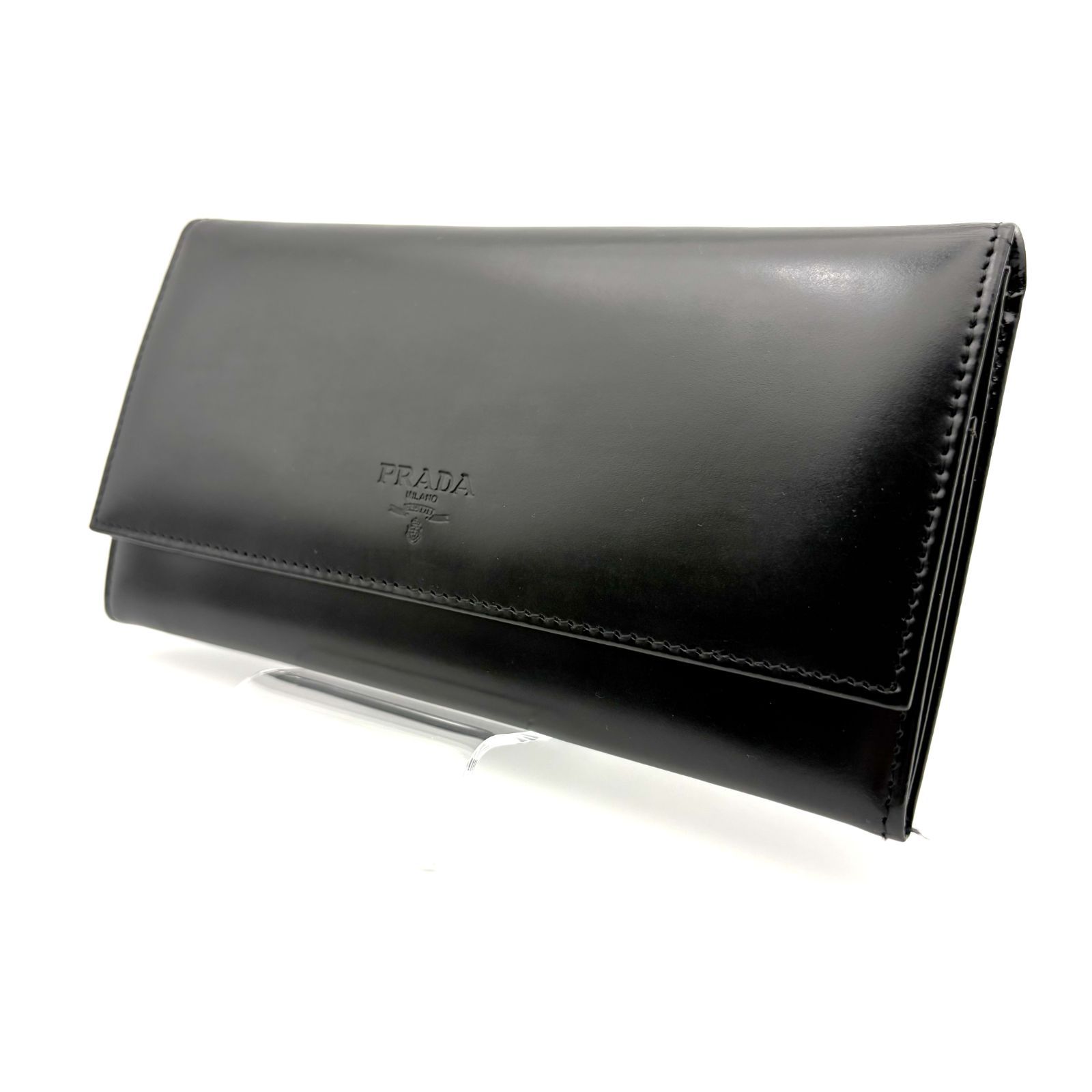 【 箱付／美品 】PRADA　プラダ　ダブルホックフラップ　長財布　レザー　ブラック