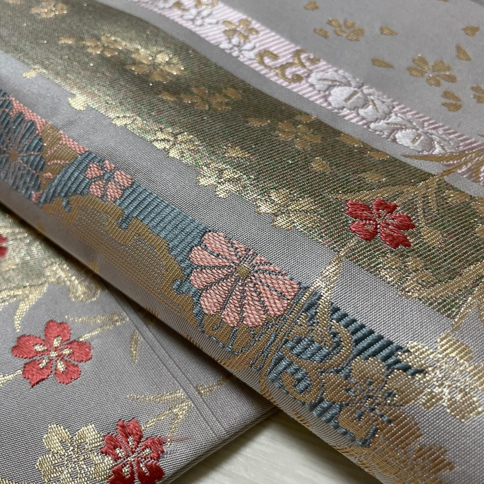 名古屋帯 金彩 唐織 横段模様 桜に菊唐草 九寸 正絹 着物 X-6005