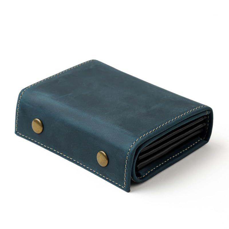 【新品】 [ 亀登鞄製作所R ] 財布 メンズ 二つ折り財布 (の最表面のみ採用) (柔らかい肌触り) クレイジーホースレザー 本革 職人の手作り 2つ折り財布 箱型の小銭入れ お札を折らずに収納 右利き 左利き ギフト (ブルー)