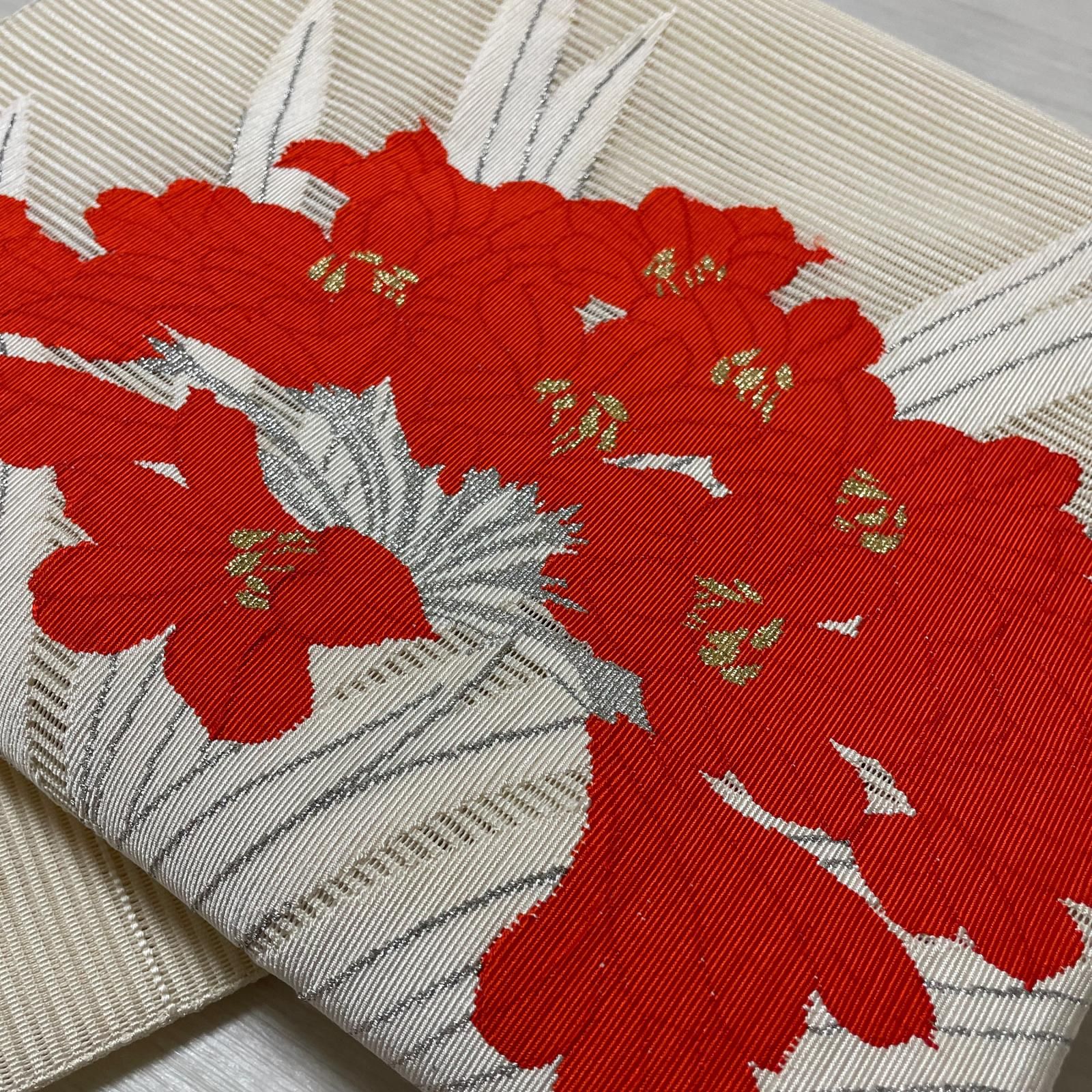 名古屋帯 絽綴れ 鮮やかな花模様 八寸 正絹 着物 X-6173