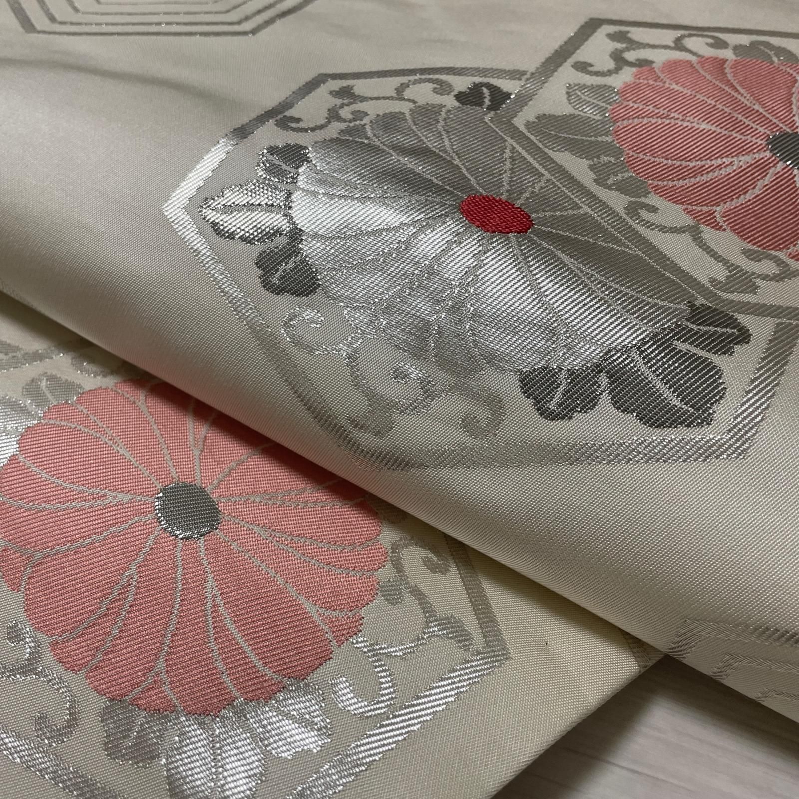 名古屋帯 プラチナ二重箔 亀甲に菊唐草 九寸 正絹 着物 X-6312 5,976円