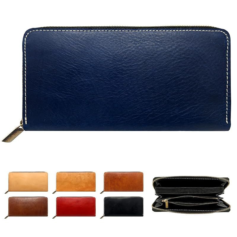 【新品】 [leo&aoi] 蛇腹 長財布 イタリア産 本革 財布 ラウンド型 革財布 ラウンドファスナー ウォレット サイフ カード収納 お札入れ 小銭入れ 革 カードポケット 蛇腹式 ミズーリベリー ネイビー