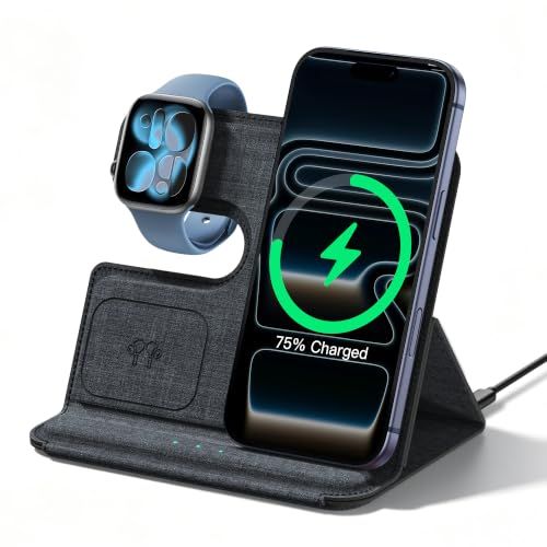 【PUレザー製】 3in1 ワイヤレス 充電器 薄い Lamicall : 折り畳み 15W 急速 Magsafe充電器 マグセーフ スマホ 卓上 同時 充電 スタンド 磁石 縦 横 マグネット 置き 机 携帯 けいだい 出張 旅行 持ち運び cb1a5a71