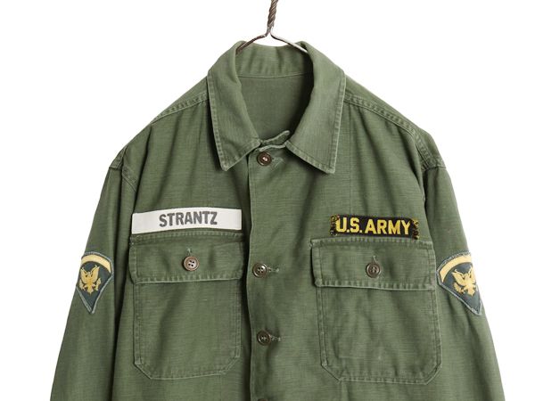 60s 米軍実物 US ARMY コットン サテン ユーティリティ シャツ M 程 ヴィンテージ 60年製 OG107 筒袖 1st 後期 ミリタリー 軍物 ワッペン