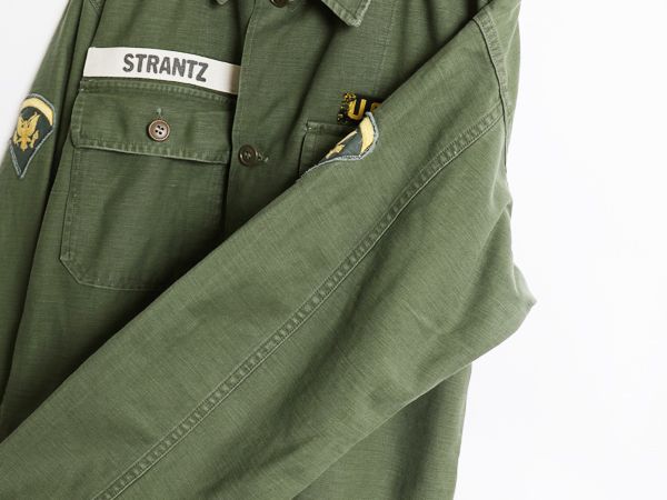 60s 米軍実物 US ARMY コットン サテン ユーティリティ シャツ M 程 ヴィンテージ 60年製 OG107 筒袖 1st 後期 ミリタリー 軍物 ワッペン