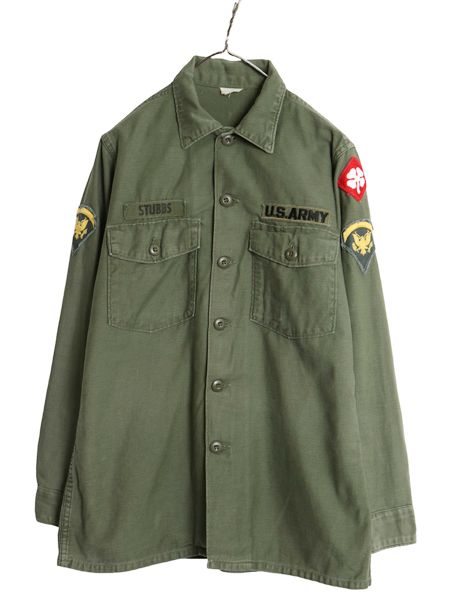 60s 米軍実物 US ARMY コットン サテン ユーティリティ シャツ M / ヴィンテージ OG107 シャツ袖 2nd 軍物 ミリタリー ワッペン フルパッチ