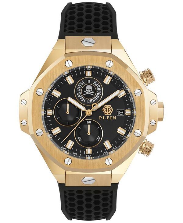 フィリッププレイン メンズ アクセサリー 腕時計 Philipp Plein Mens Chronograph Royal Black Silicone Strap Watch 46mm Ip Yel