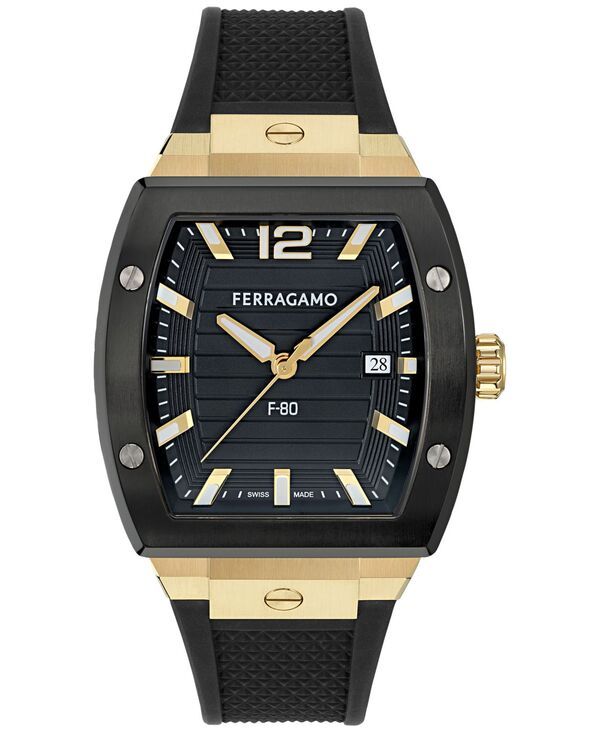 フェラガモ メンズ アクセサリー 腕時計 Ferragamo Menswiss F80 Tonneau Black Polyurethane Strap Watch 42mm Two Tone ブラッ 235,400円