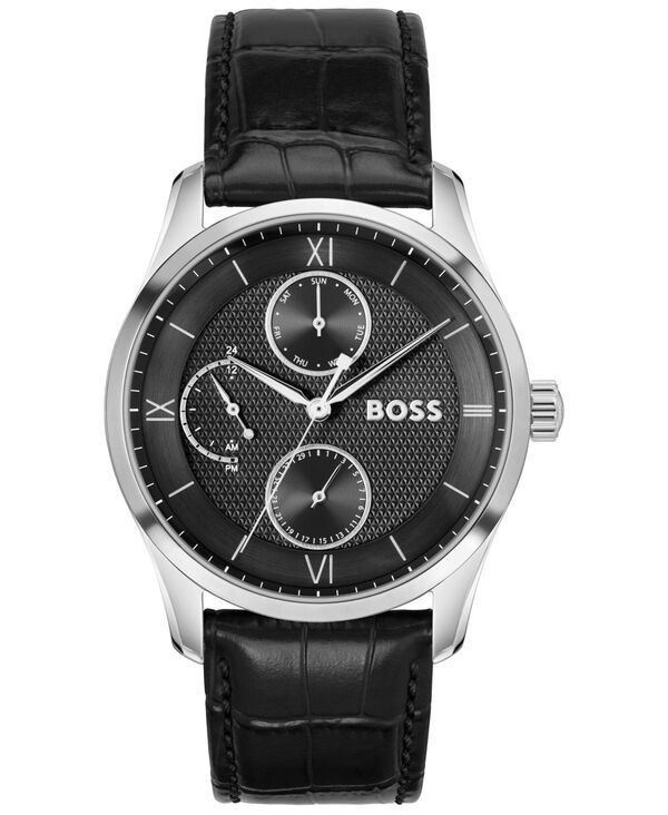 ヒューゴボス メンズ アクセサリー 腕時計 Hugo Boss Mens Principle Master Quartz Multifunction Black Calfskin Watch 41mm