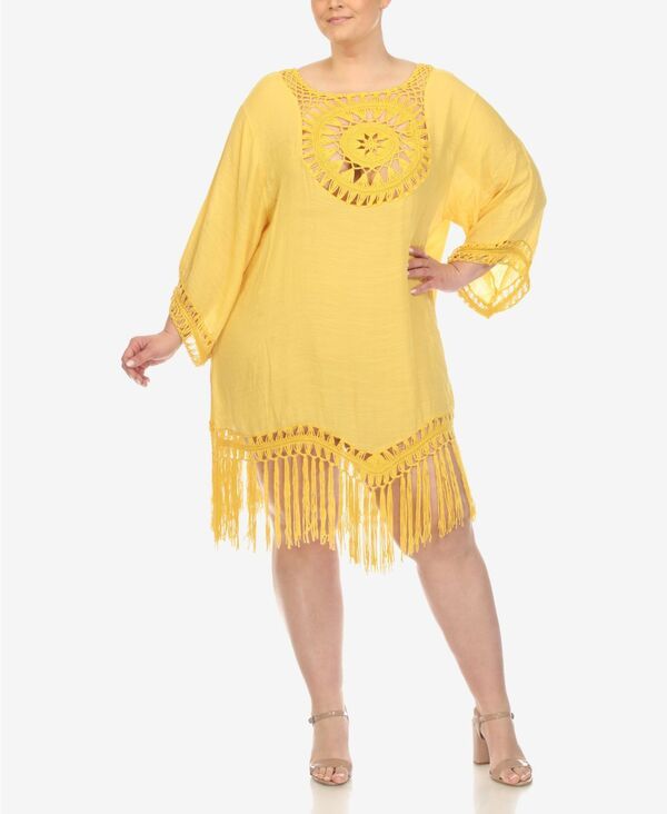 ホワイトマーク レディース トップス ワンピース プラスサイズ フリンジ White Mark Plus Size Crocheted Fringed Trim Cover Up Dress Yell