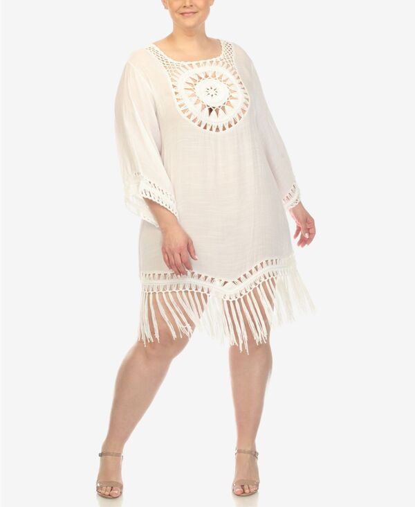 ホワイトマーク レディース トップス ワンピース プラスサイズ フリンジ White Mark Plus Size Crocheted Fringed Trim Cover Up Dress Whit