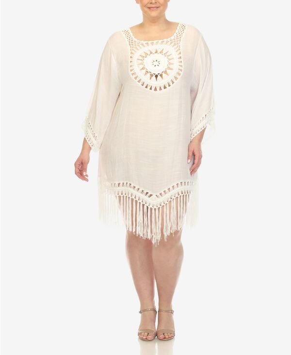 ホワイトマーク レディース トップス ワンピース プラスサイズ フリンジ White Mark Plus Size Crocheted Fringed Trim Cover Up Dress Whit