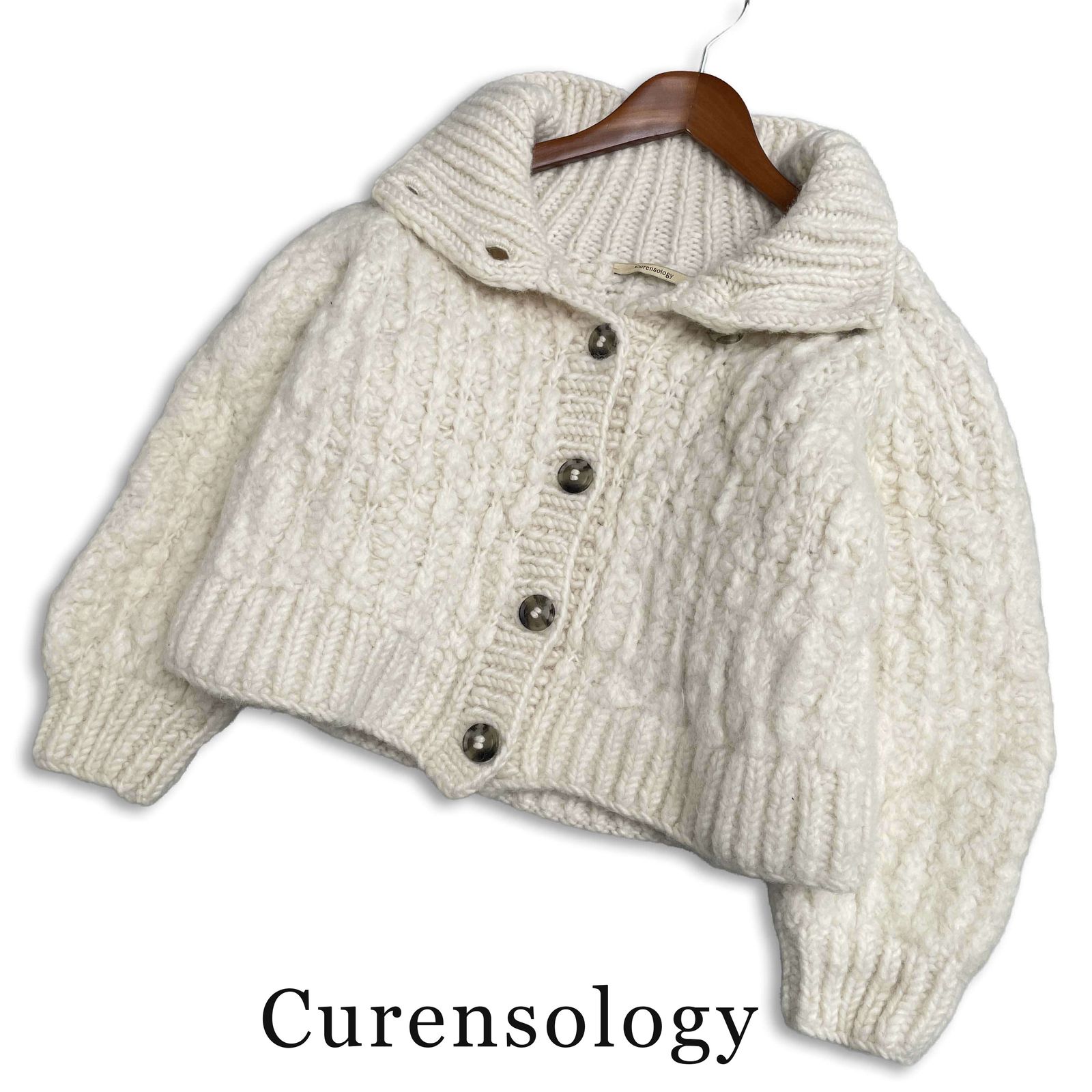 Curensology カレンソロジー 秋冬★ ウール ショート アラン編み ビッグシルエット ドルマン カーディガン Sz.F レディース