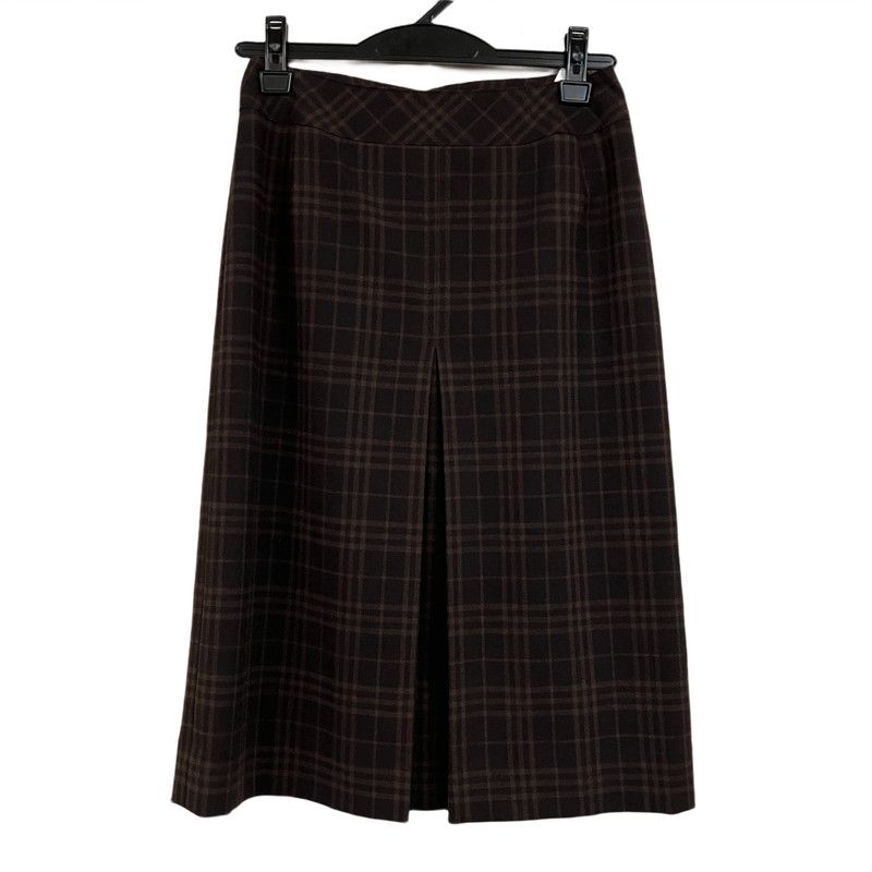 バーバリーロンドン BURBERRY LONDON スカート チェック柄 タック 裏地付き ブラウン こげ茶系 7サイズ 1008687