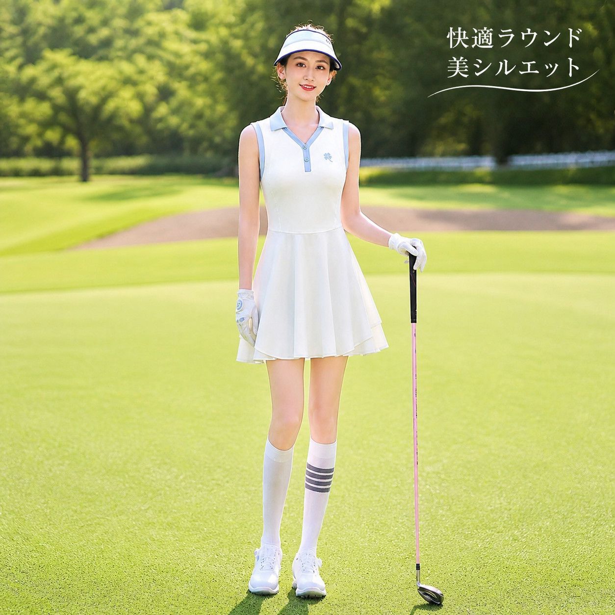 ゴルフワンピース レディース ノースリーブ ポロ襟 ウエストシェイプ Aライン ロング丈 速乾 夏用 260724gefly06*カラー分類-ロイヤルブルー安全パンツ付き