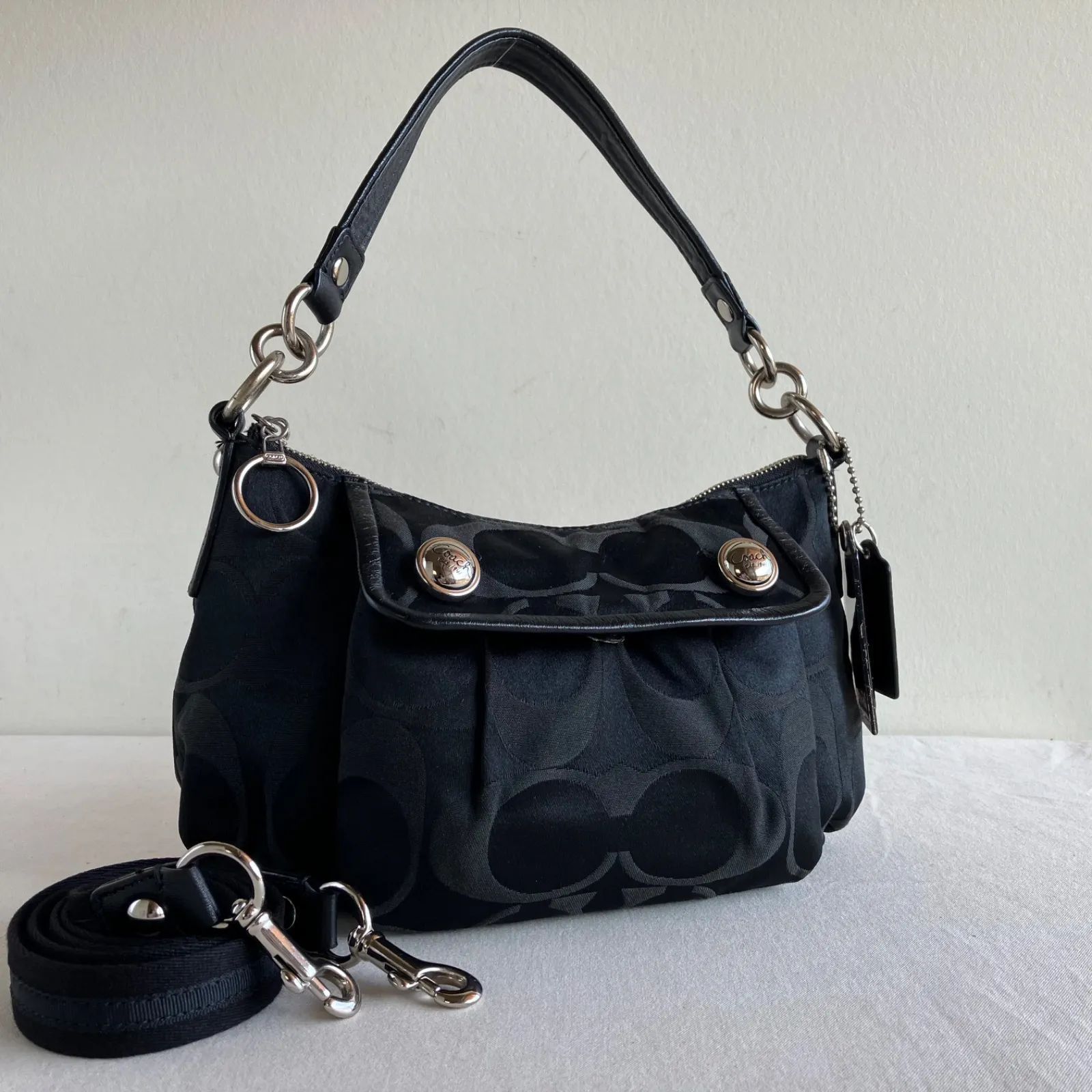 Coach Poppy Groovy Signature Sateen Black Shoulder Crossbody Bag 