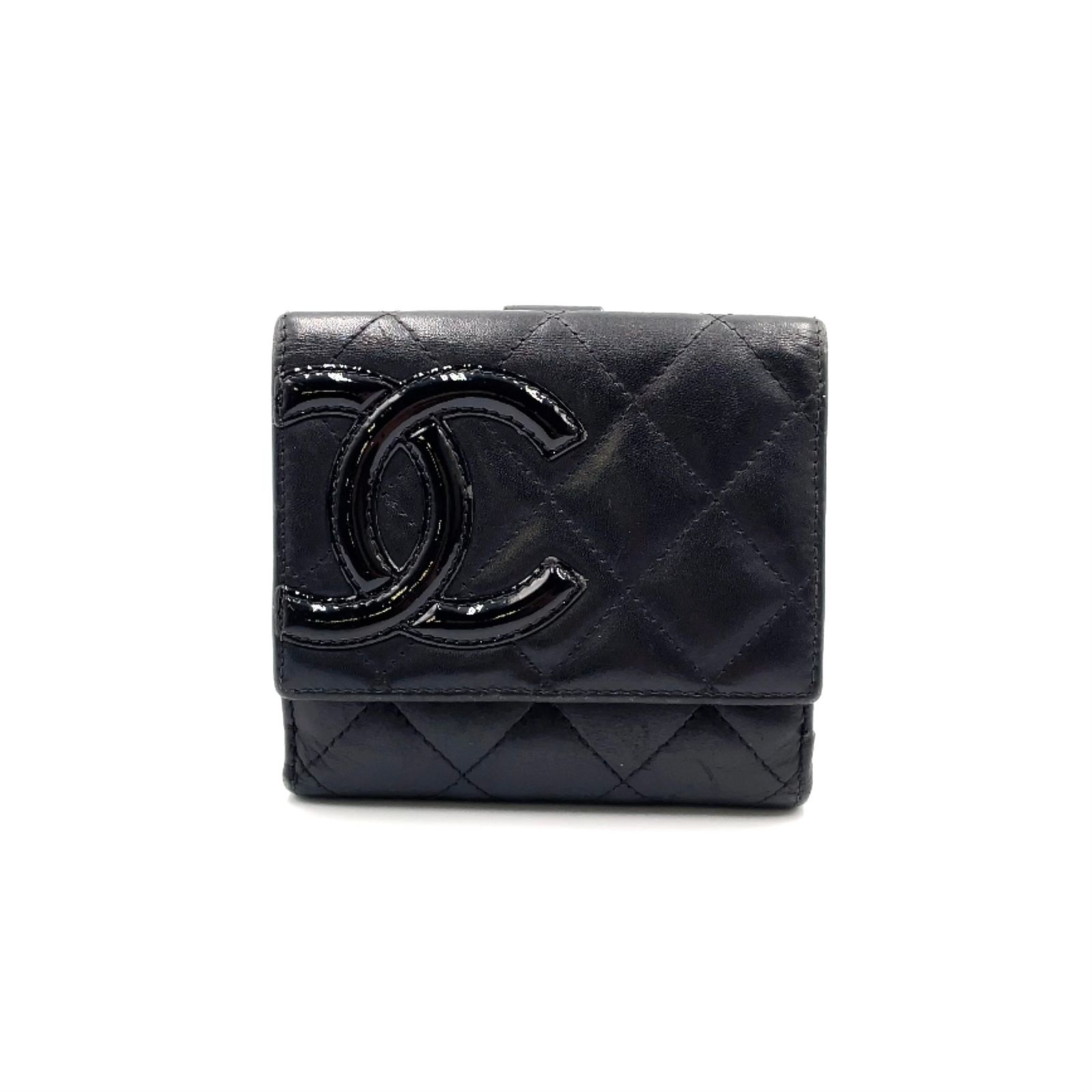 【新着】CHANEL カンボンライン シリアル番号15番台 ラムスキン ピンク、ブラック 二つ折り財布 シルバー