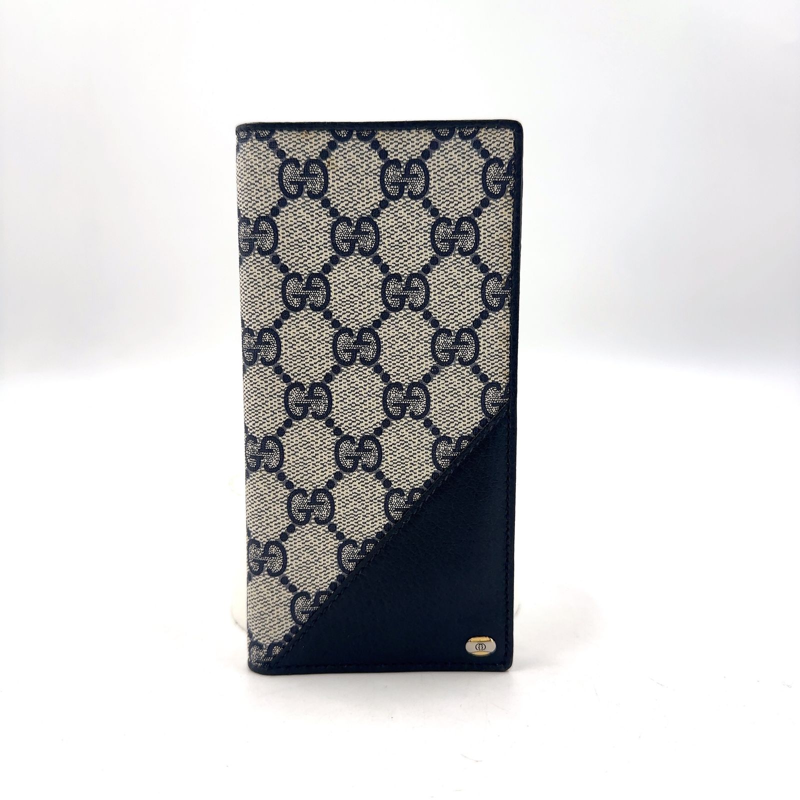 【新着】GUCCI GG柄 レザー、PVC ネイビー、ライトグレー 二つ折り長財布 ゴールド