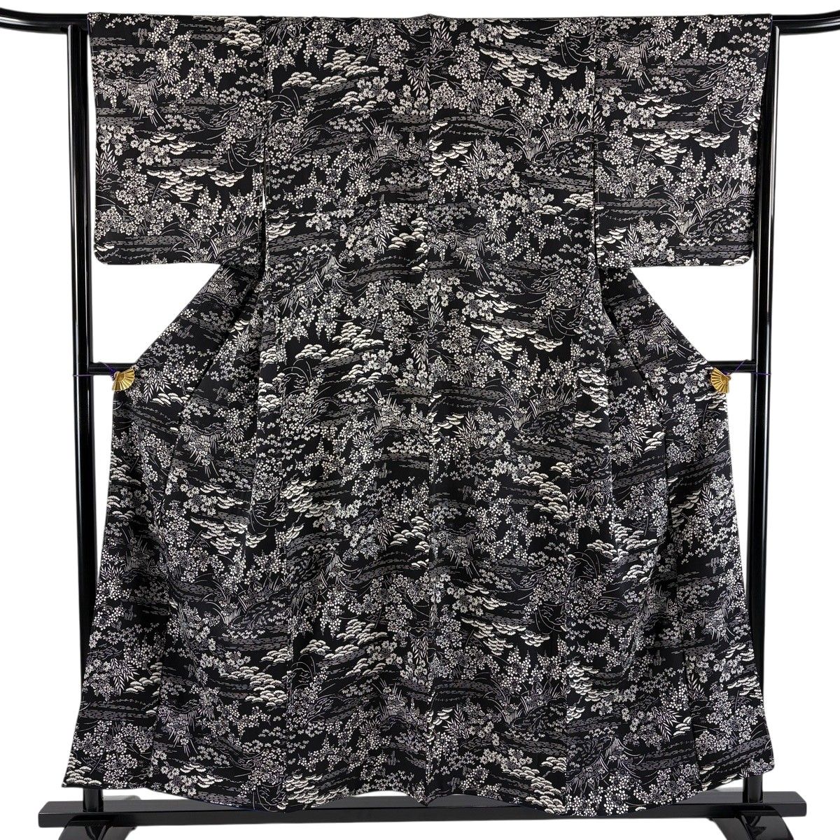 小紋 身丈158cm 裄丈64.5cm M 袷 葉 市松 縮緬 黒 正絹 秀品 中古 付 
