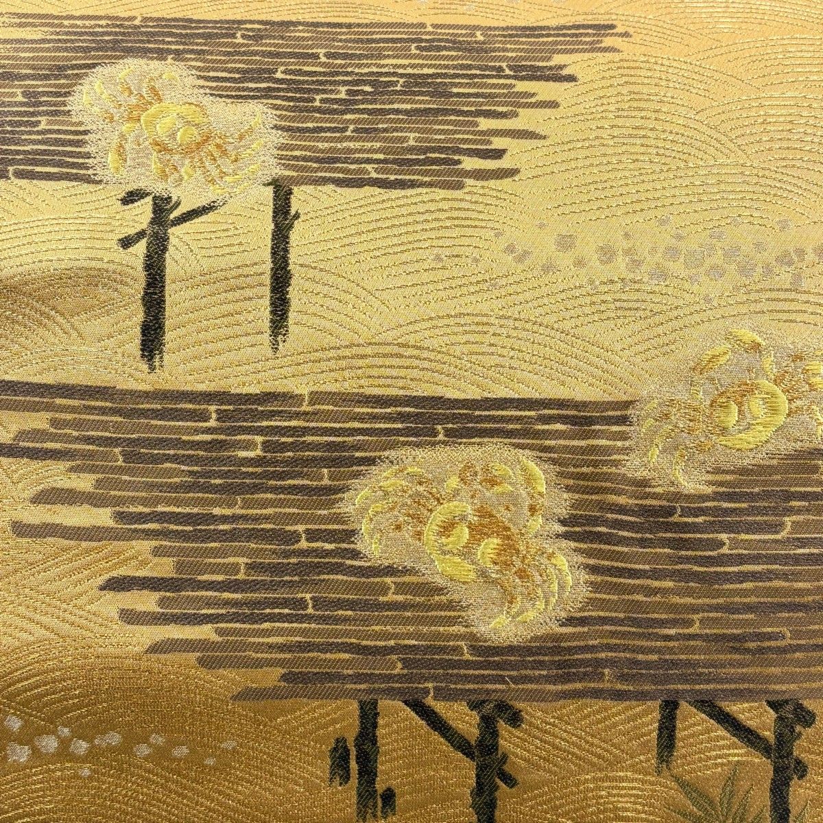袋帯 名品 じゅらく 落款 蟹 波 金糸 箔 山吹茶色 六通 正絹 【中古】