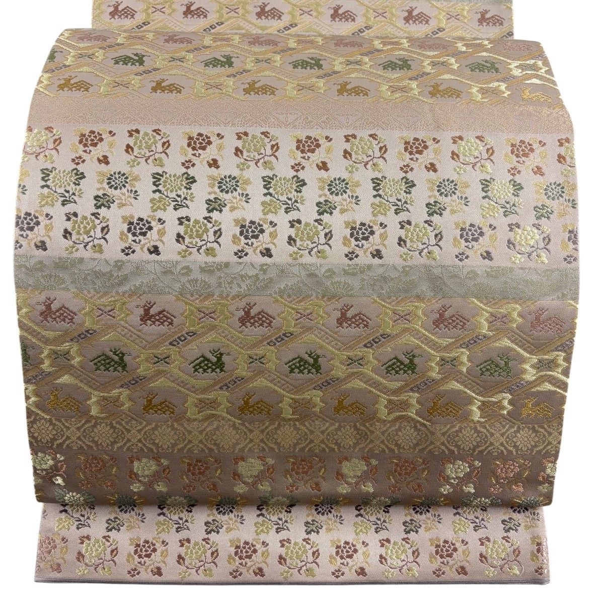 【美品】 袋帯 名品 箔屋清兵衛 落款 有栖川文 草花 箔 ベージュ お太鼓柄 正絹 【中古】 11,060円
