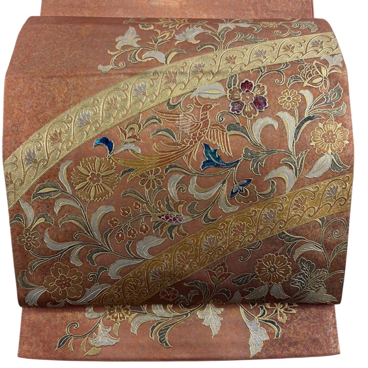 袋帯 名品 関西仕立て 花唐草 鳥 金彩 箔 ピンクベージュ お太鼓柄 正絹 【中古】
