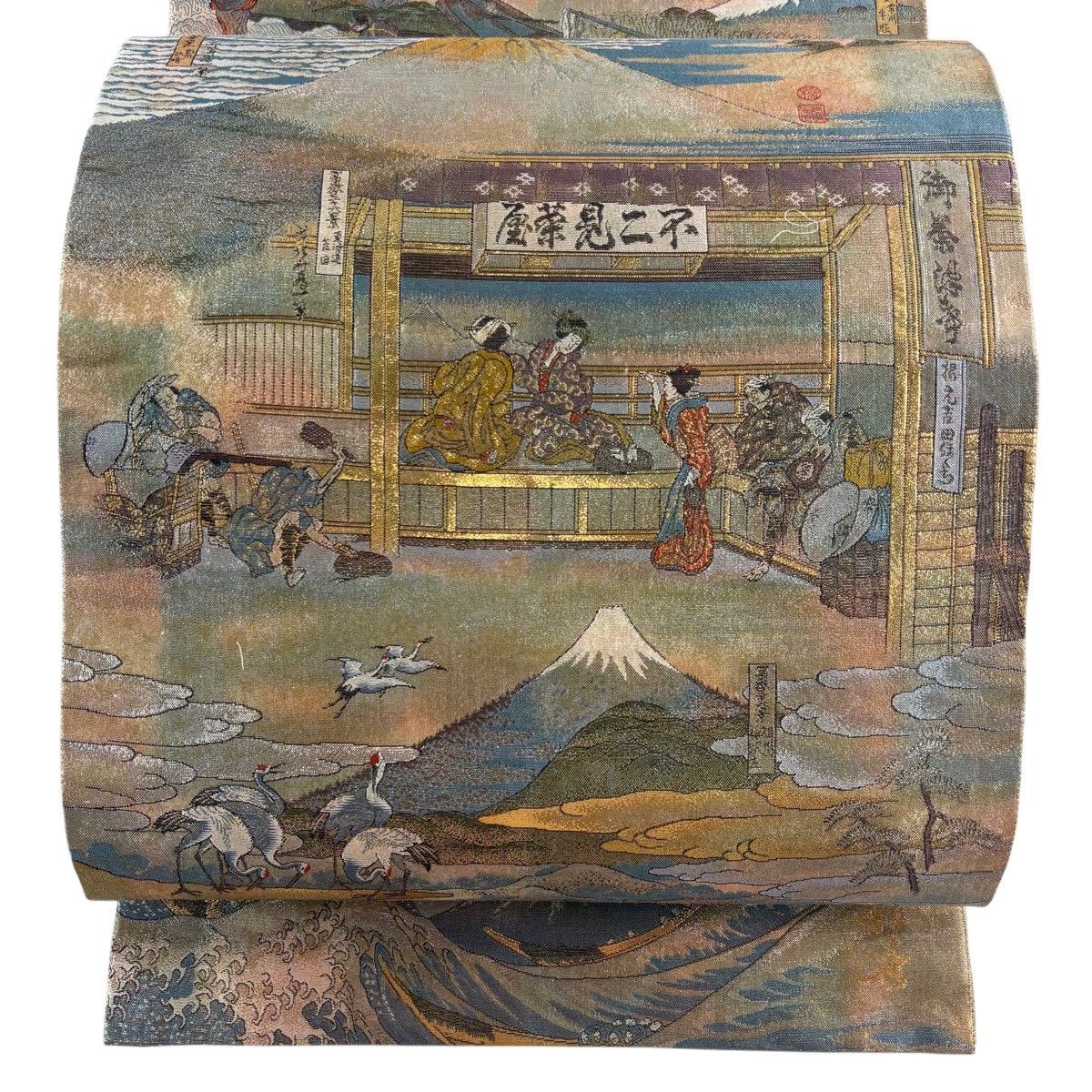 【美品】 袋帯 名品 富嶽三十六景 金糸 箔 薄緑 お太鼓柄 正絹 【中古】