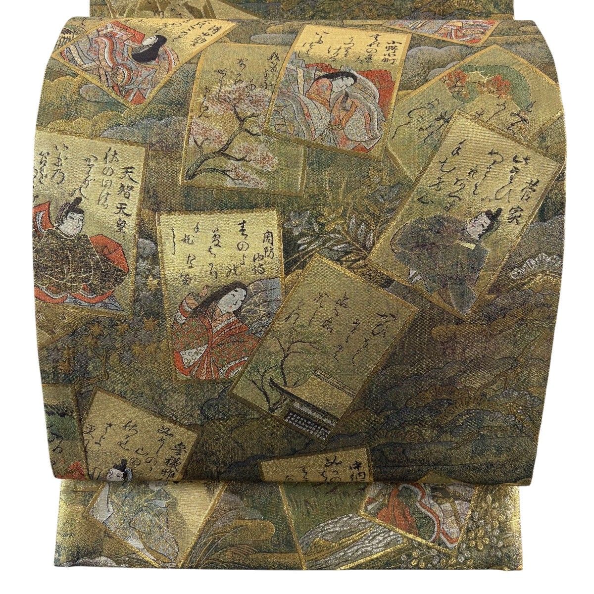 【美品】 袋帯 名品 リバーシブル 光琳かるた 人物 箔 金糸 金色 全通 正絹 【中古】