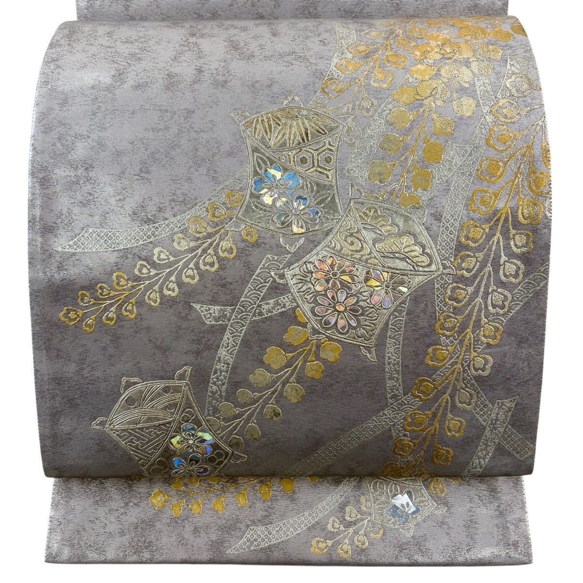 袋帯 名品 堀省平 落款 糸巻き 松竹梅 金銀彩 箔 銀色 お太鼓柄 正絹 【中古】 9,798円
