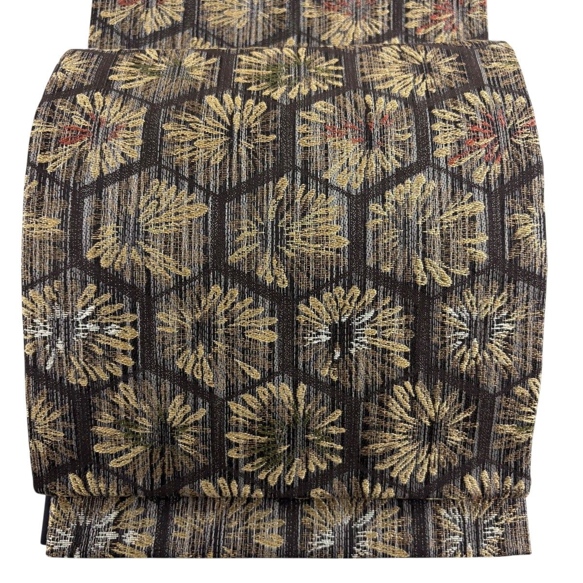 【美品】 袋帯 名品 亀甲 花 金糸 焦茶色 六通 正絹 【中古】