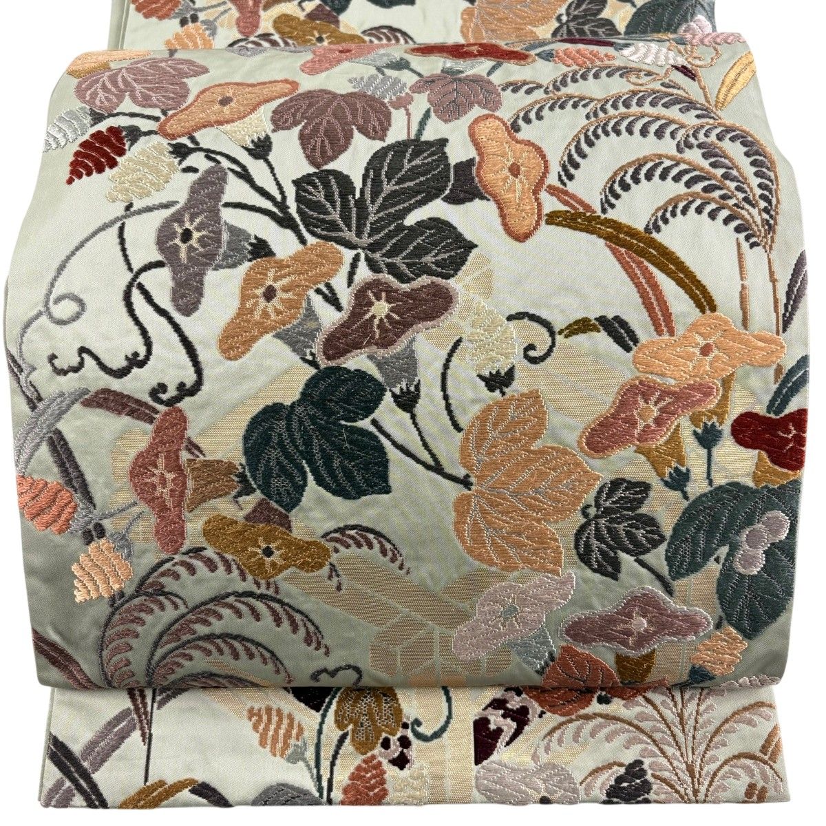 【美品】 袋帯 名品 朝顔 草花 箔 唐織 灰緑 六通 正絹 【中古】