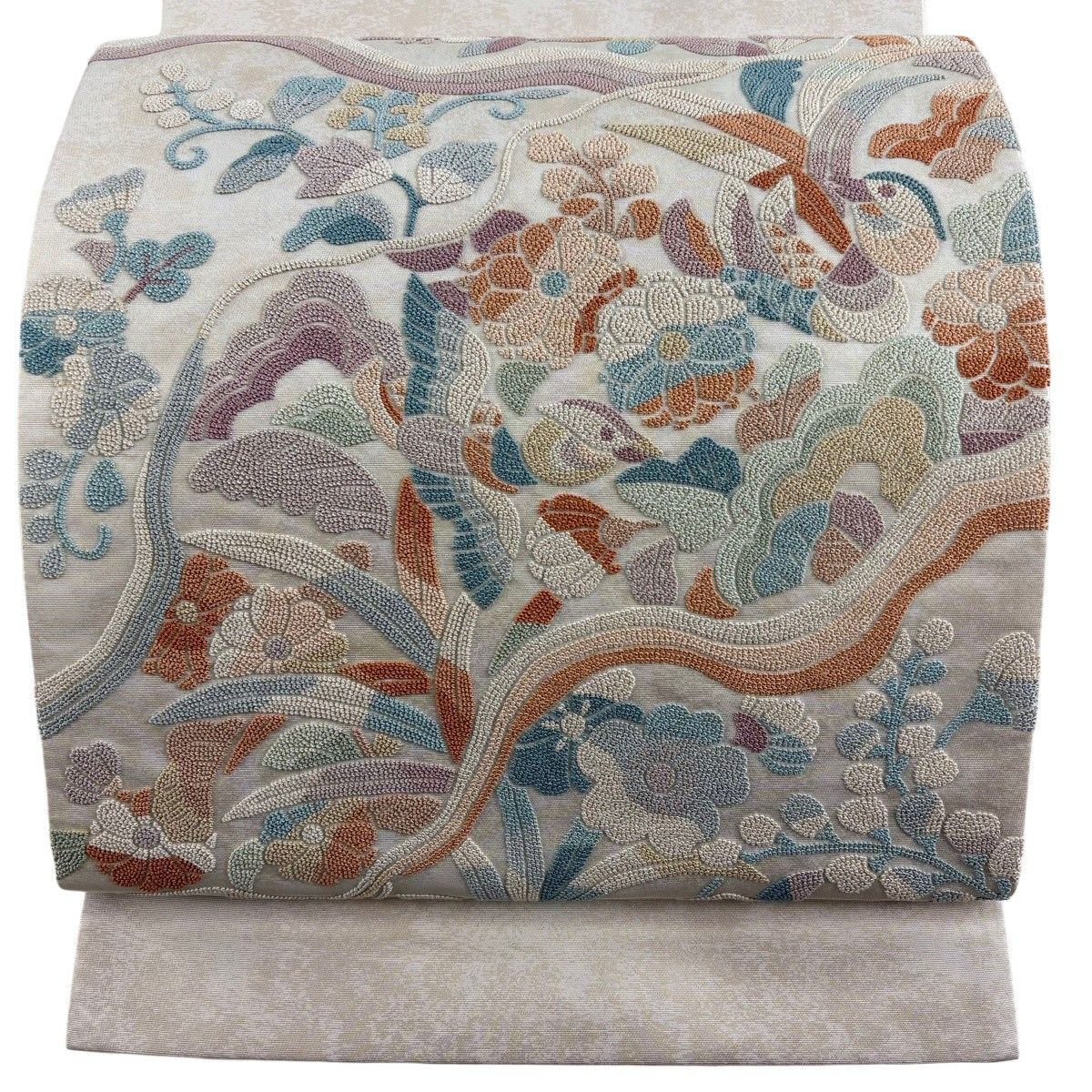 袋帯 名品 鳥 草花 相良刺繍 箔 ベージュ お太鼓柄 正絹 【中古】 10,212円