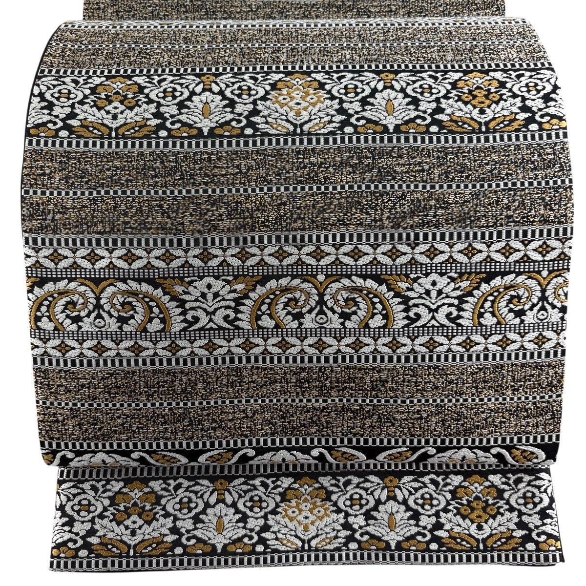 【美品】 袋帯 名品 段縞 草花 黒 全通 正絹 【中古】