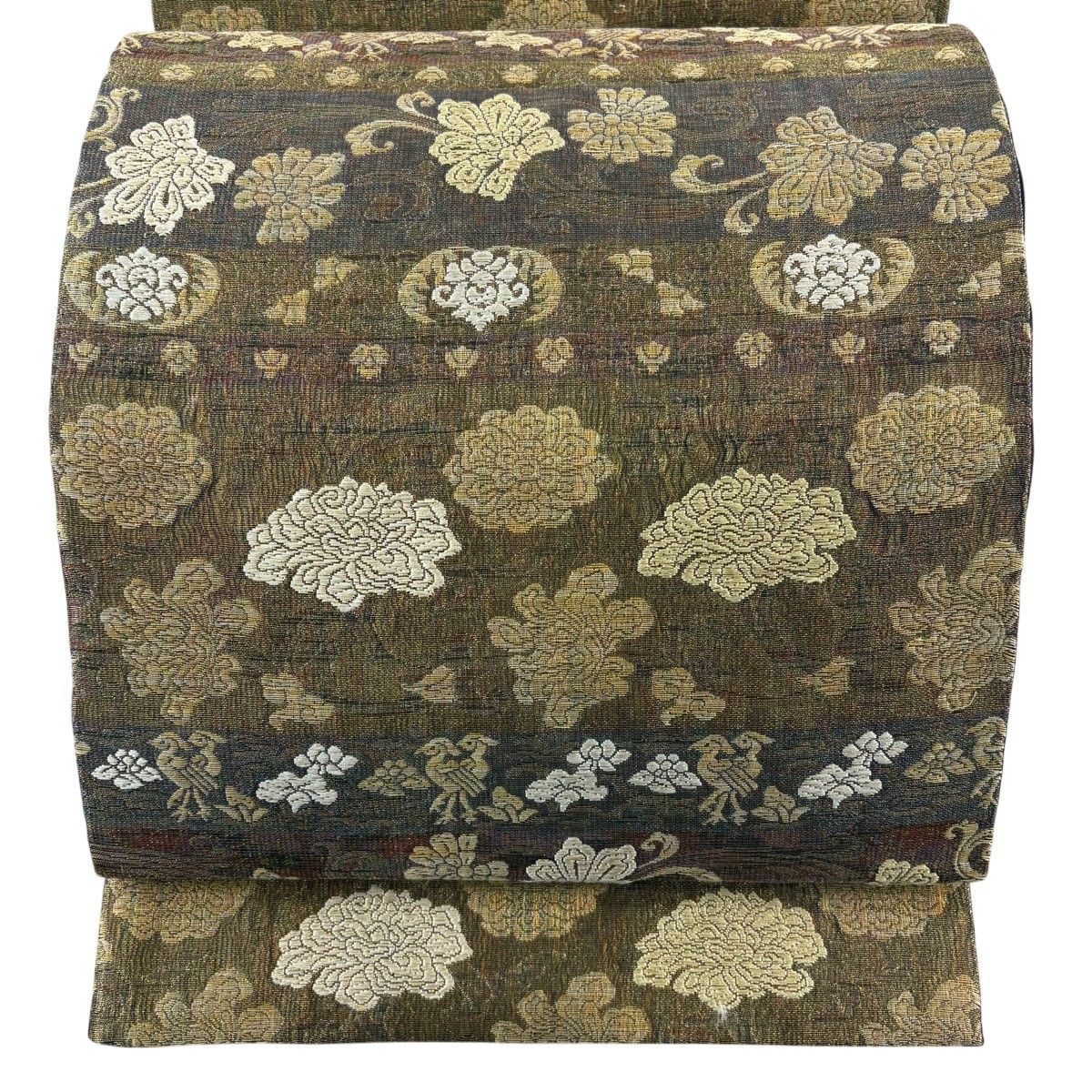 袋帯 名品 重よろけ織 名物裂 草花 鳥 金糸 茶色 六通 正絹 【中古】