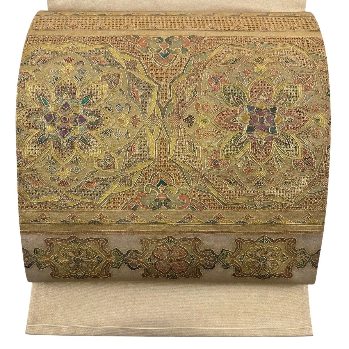 【美品】 袋帯 名品 関西仕立て 華文 草花 螺鈿 刺繍 金色 お太鼓柄 正絹 【中古】