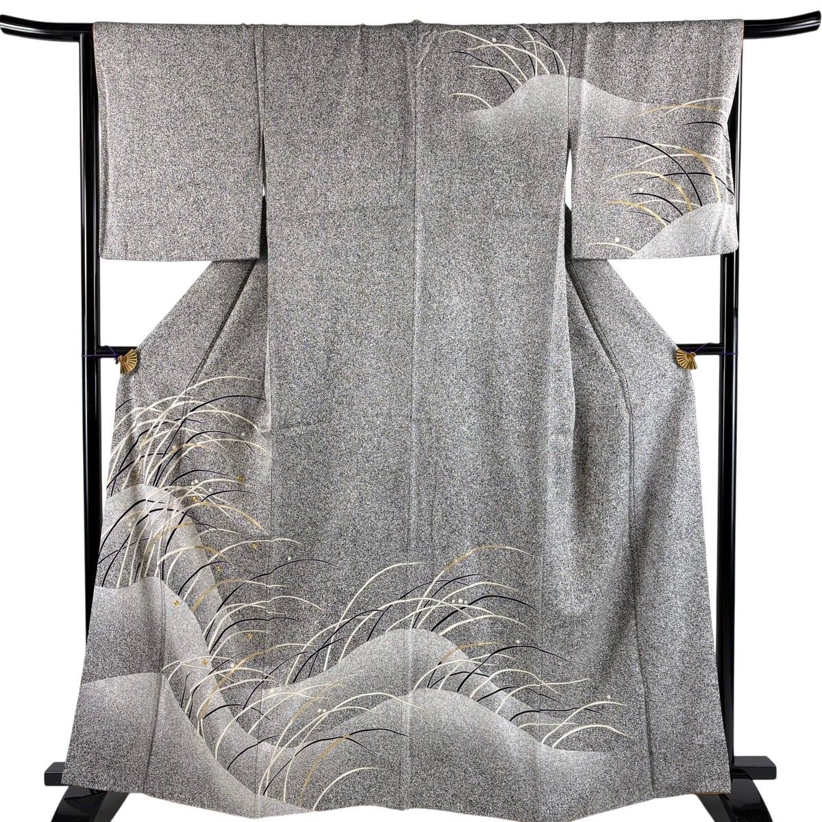 【美品】 訪問着 身丈164cm 裄丈67cm M 袷 露芝 金糸 金銀彩 黒灰 正絹 秀品 【中古】