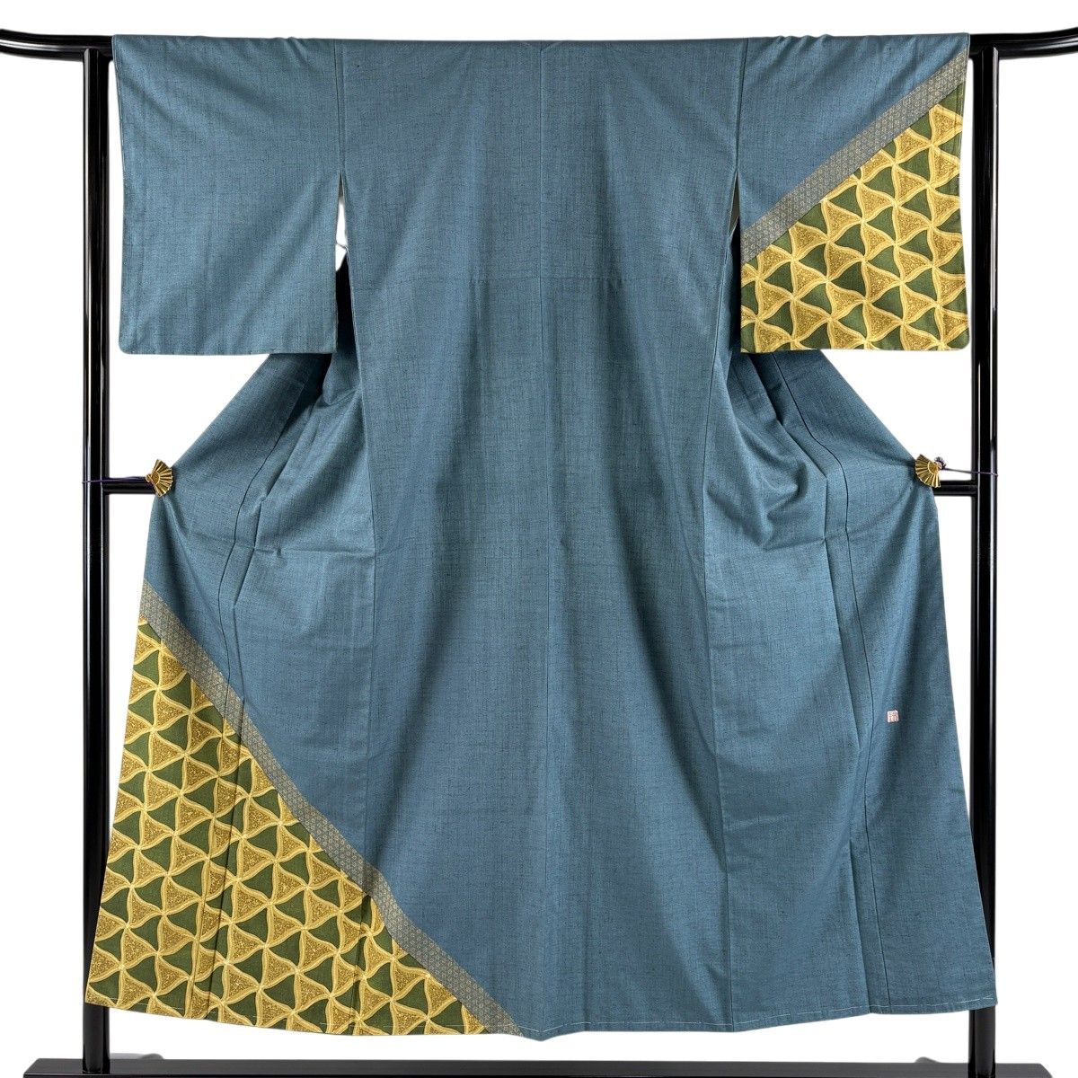【美品】 付下げ 身丈150.5cm 裄丈62.5cm S 袷 紬地 落款 幾何学 小花 金彩 青緑 正絹 秀品 【中古】