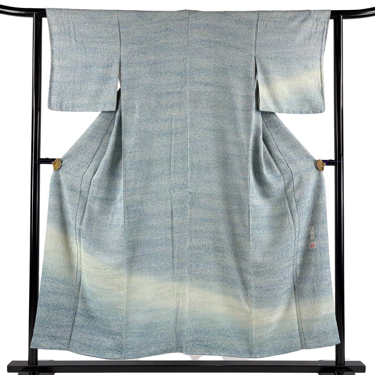 【美品】 付下げ 身丈151cm 裄丈60.5cm S 袷 落款 霞 幾何学 ぼかし 青緑 正絹 秀品 【中古】