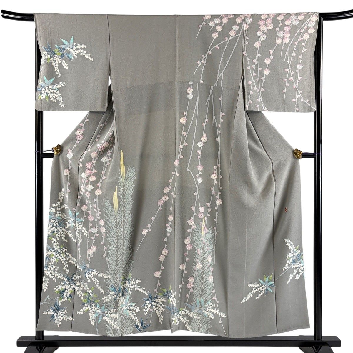 訪問着 身丈152cm 裄丈66.5cm M 袷 落款 草花 枝花 灰色 正絹 秀品 【中古】