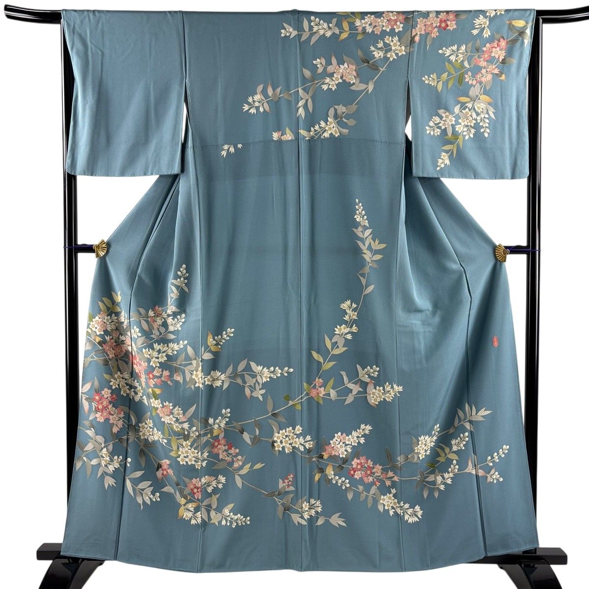 訪問着 身丈160cm 裄丈64.5cm M 袷 落款 枝花 青灰色 正絹 秀品 【中古】