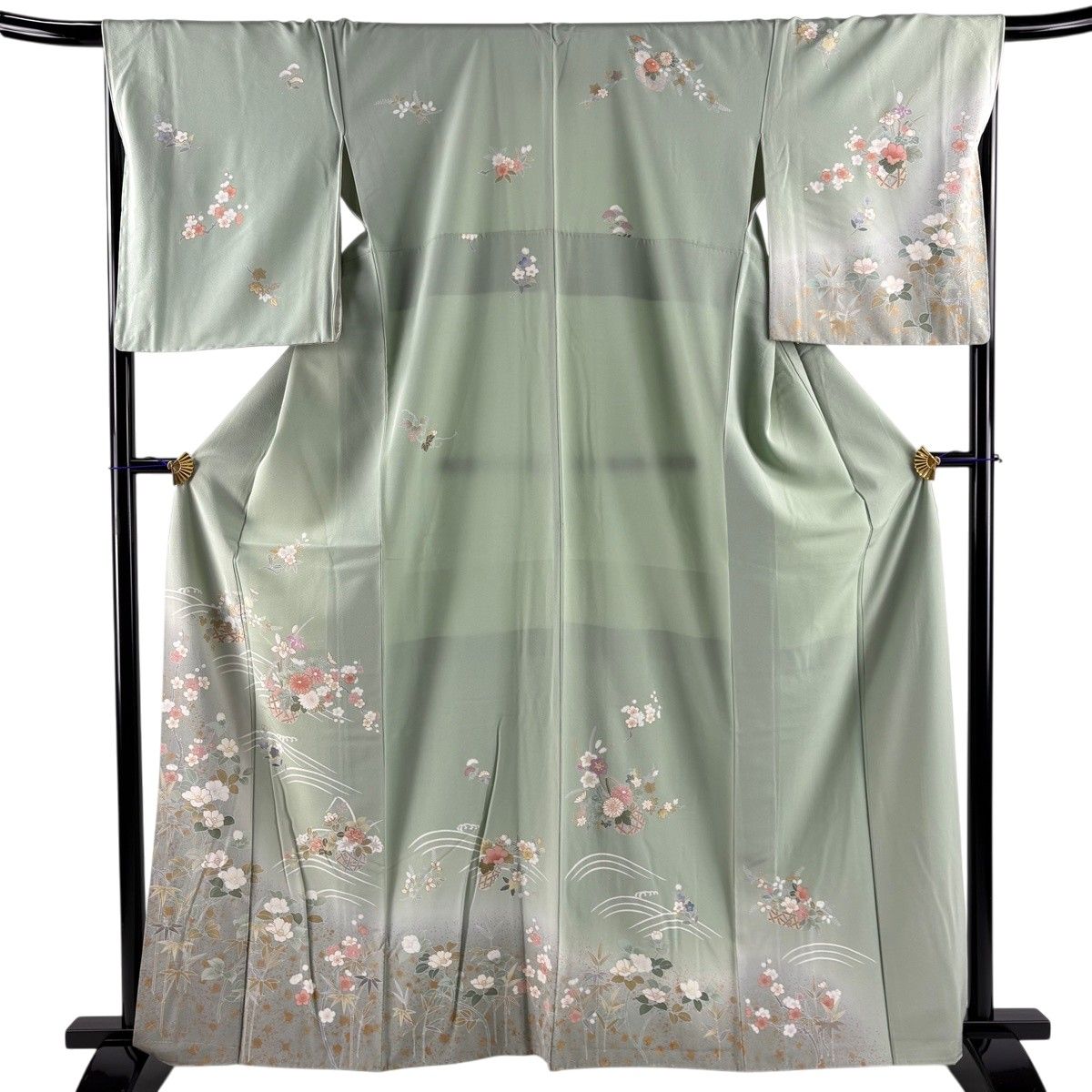 訪問着 身丈163.5cm 裄丈66.5cm M 袷 花籠 草花 金彩 ぼかし 薄緑 正絹 秀品 【中古】