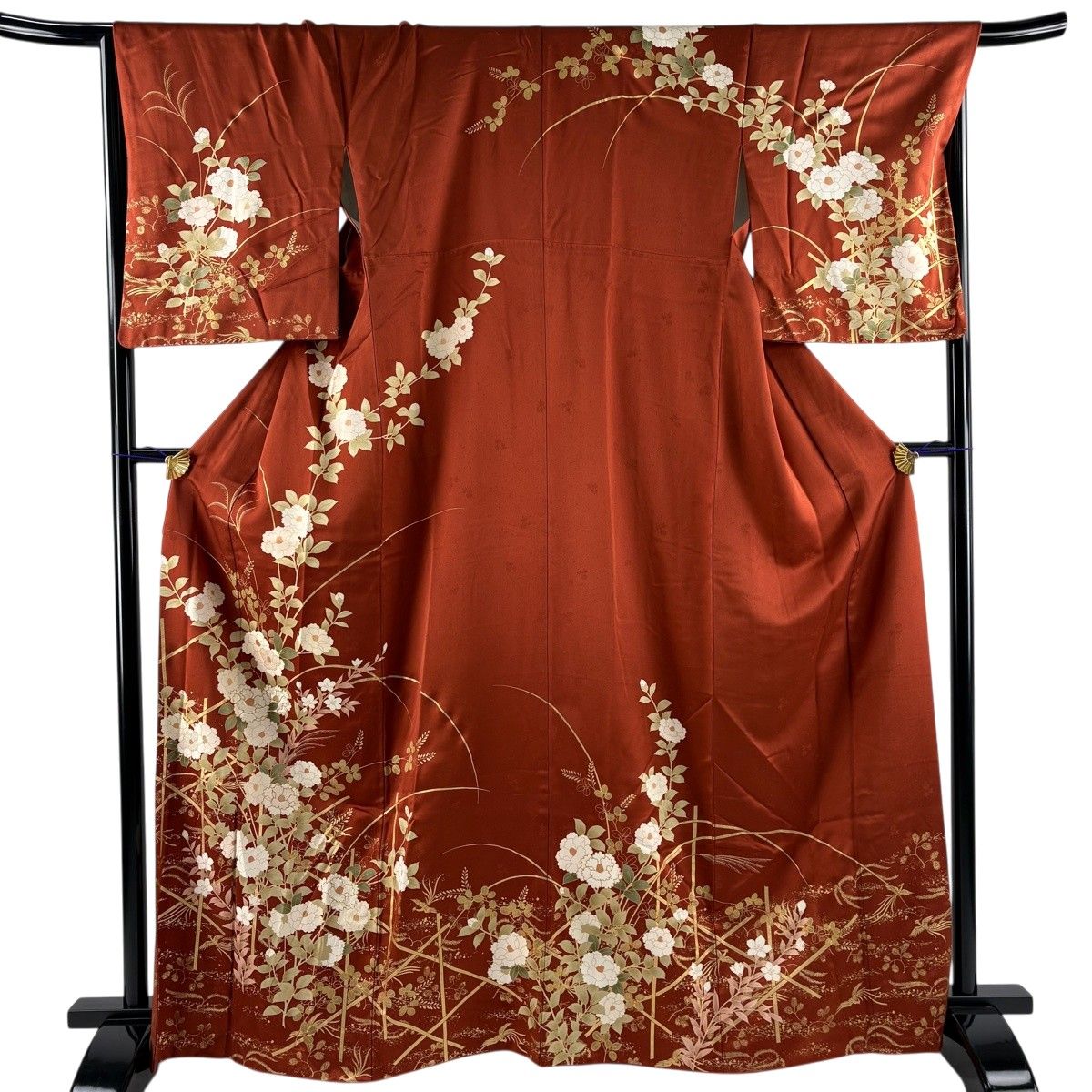 訪問着 身丈167cm 裄丈67.5cm L 袷 草花 鳳凰 金糸 金彩 茜色 正絹 秀品 【中古】