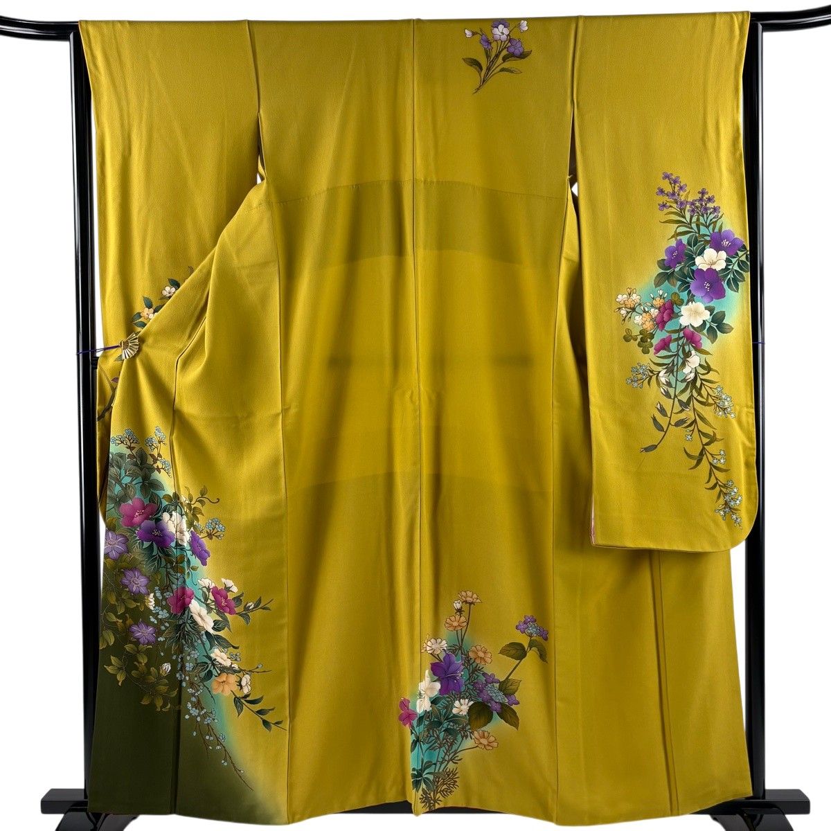 振袖 身丈160.5cm 裄丈63.5cm S 袷 草花 金彩 ぼかし からし色 正絹 秀品 【中古】