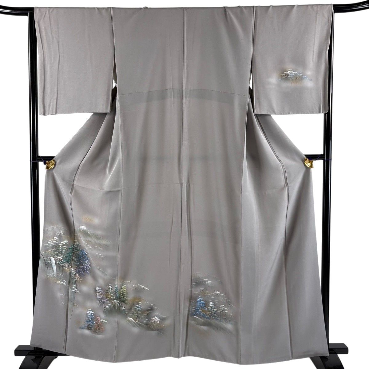 【美品】 付下げ 身丈160cm 裄丈66cm M 袷 樹木 滝 金彩 ぼかし 灰色 正絹 秀品 【中古】