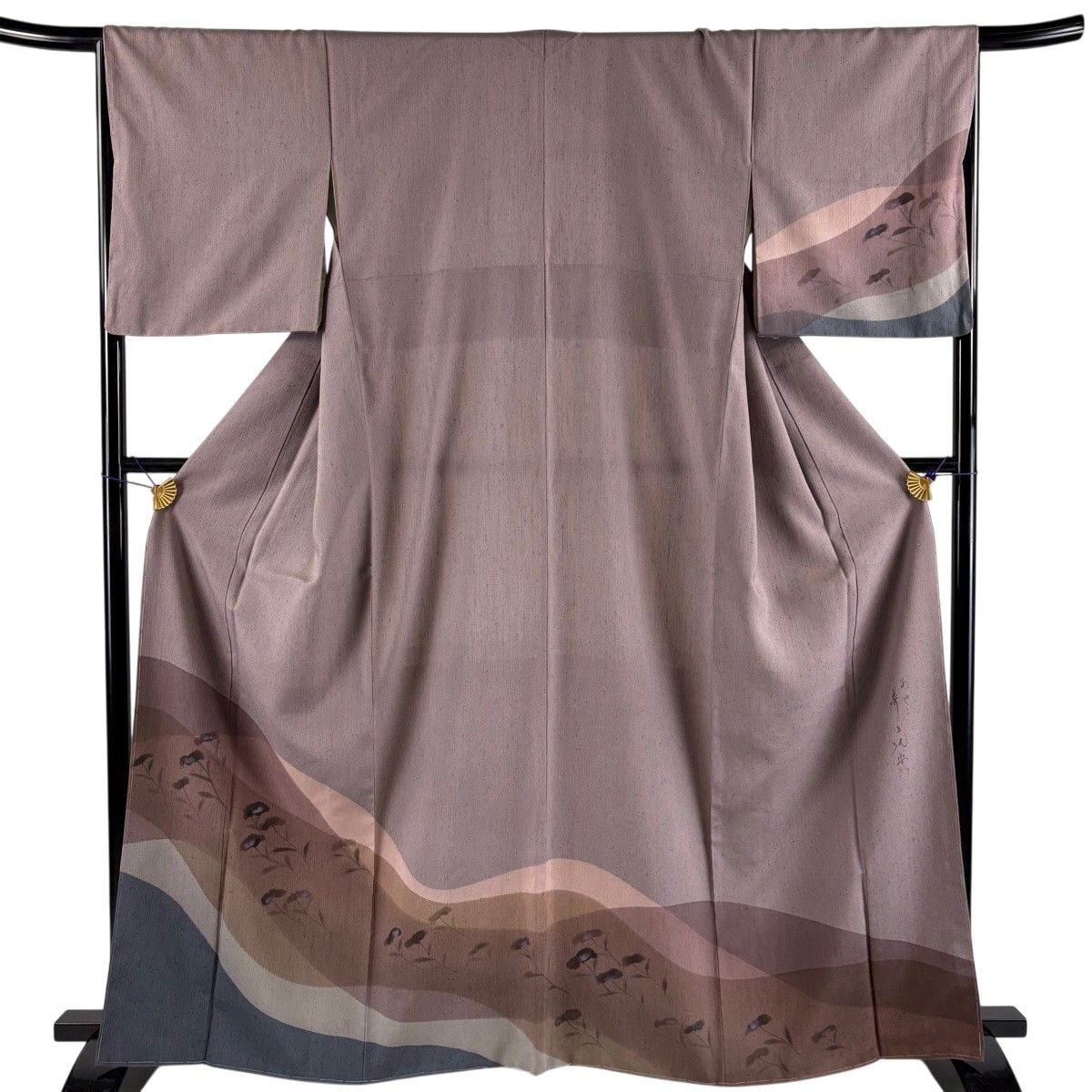 【美品】 付下げ 身丈164cm 裄丈66.5cm M 袷 紬地 落款 女郎花 幾何学 灰紫 正絹 秀品 【中古】