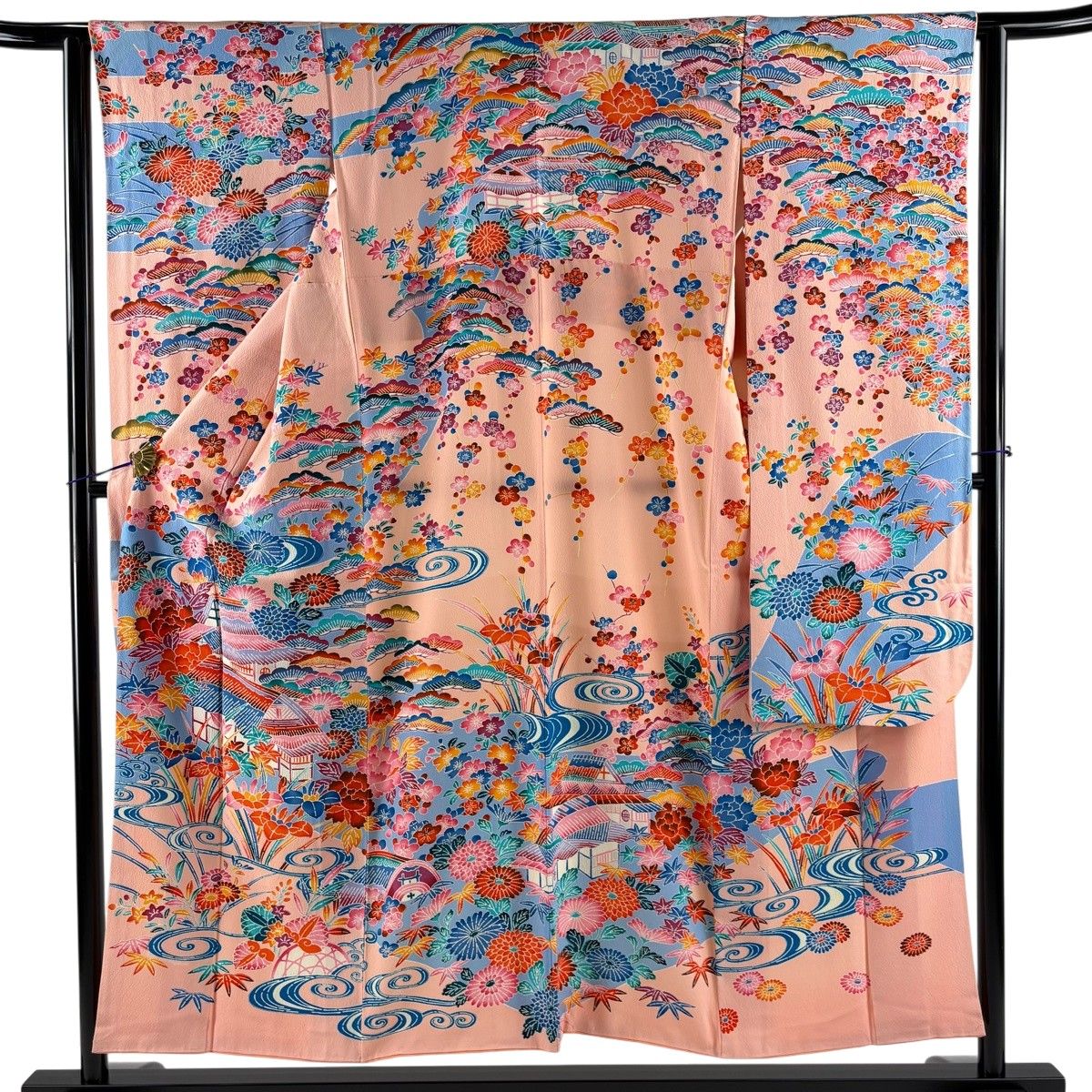振袖 身丈152cm 裄丈62.5cm S 袷 家屋 松竹梅 縮緬 ピンク 正絹 秀品 【中古】