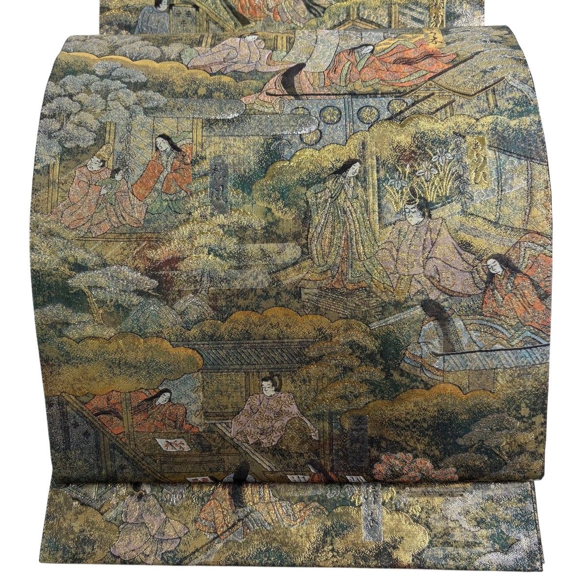 【美品】 袋帯 秀品 人物 雲文 箔 灰緑 全通 正絹 【中古】